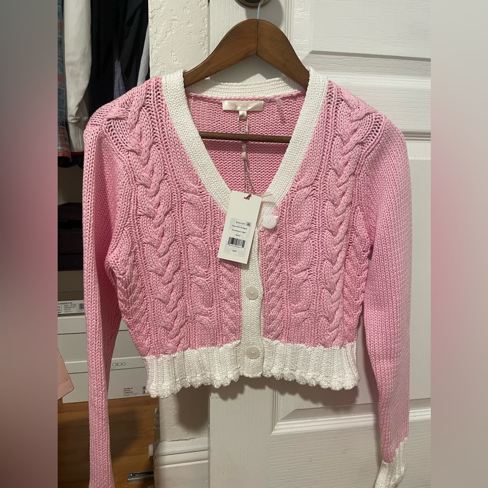 Pink and White Hyacinth Cropped Cable Knit Cardigan